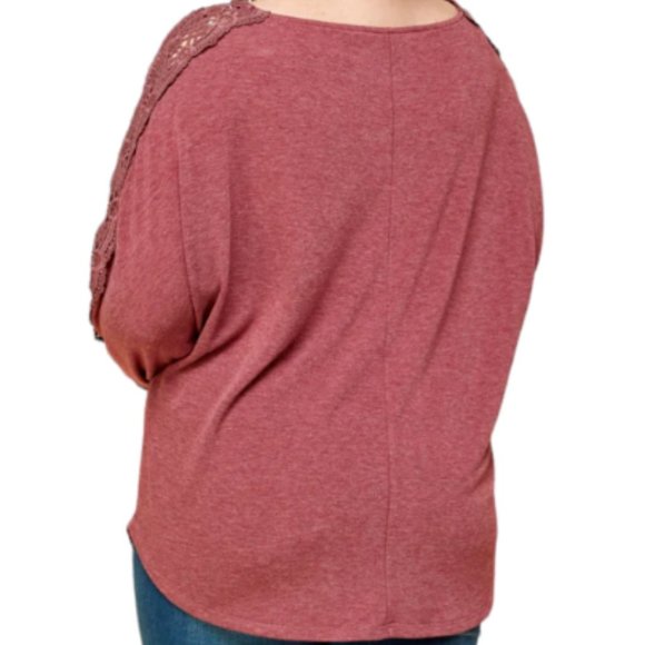 Lulu's French Terry Knit Long Sleeve Pullover Top Lace Cap Shoulder Barn Red XL - Picture 3 of 16
